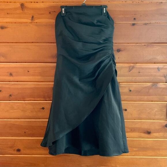 Black Ruched Wrap Over Strapless Midi A Line Dresd - Picture 1 of 11